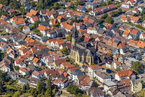Aerial view, town centre, catholic church St. Peter and Paul, Bad Driburg, East Westphalia-Lippe,