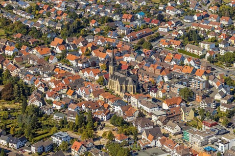 Aerial view, town centre, catholic church St. Peter and Paul, Bad Driburg, East Westphalia-Lippe,
