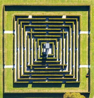 Aerial view, Gräflicher Park Health & Balance Resort, head and body sculpture, walk-in labyrinth,