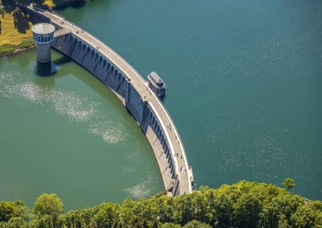 Aerial view, Lister dam, dam wall, Attendorn, Sauerland, North Rhine-Westphalia, Germany, DE,