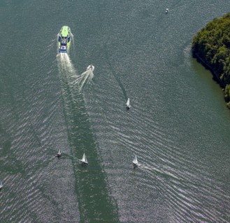 Aerial photo, excursion boat Westfalen on the Biggetalsperre, motorboat, Attendorn, Sauerland,