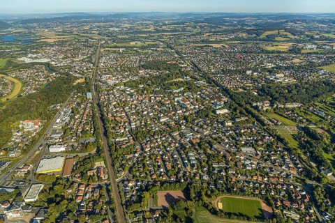 Aerial view, local view, Stadion am Mittelbach, spa garden, Bad Oeynhausen, Ostwestfalen-Lippe,