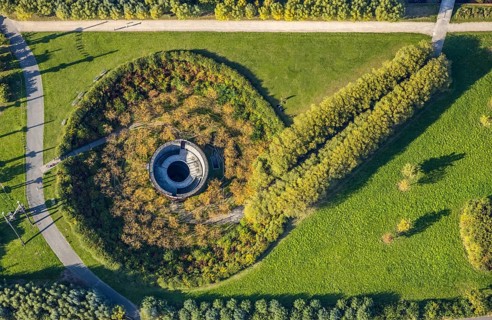 Aerial view, water crater of the Aqua Magica, fountain sculpture, Bad Oeynhausen,