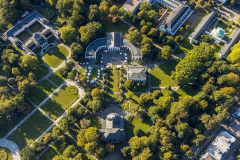 Aerial view, Bad Oeynhausen state bath, Wandelhalle, theatre in the park, spa gardens, Bad