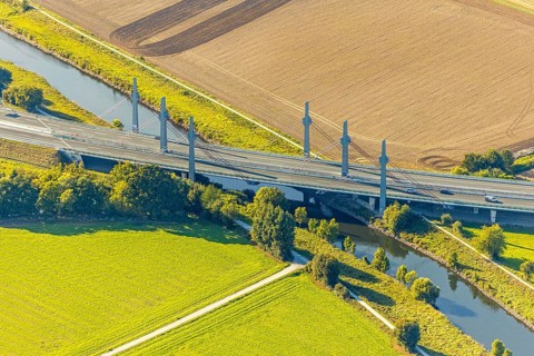 Aerial view, motorway bridge of the A30 motorway over the river Werre, Löhne, Ostwestfalen-Lippe,