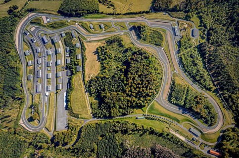 Aerial view, Bilster Berg race track, paddock, racing cars, Pömbsen, Bad Driburg, East
