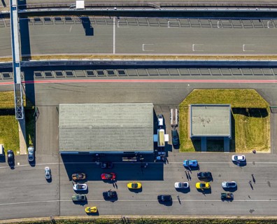Aerial view, Bilster Berg race track, paddock, racing cars, Pömbsen, Bad Driburg, East