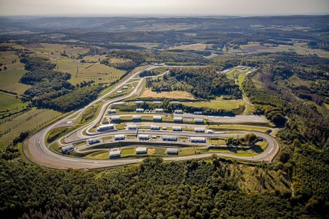 Aerial view, Bilster Berg race track, paddock, racing cars, Pömbsen, Bad Driburg, East