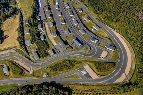Aerial view, Bilster Berg race track, paddock, racing cars, Pömbsen, Bad Driburg, East