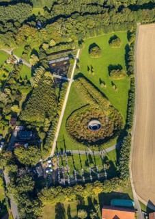 Aerial view, water crater of the Aqua Magica, fountain sculpture, Bad Oeynhausen,