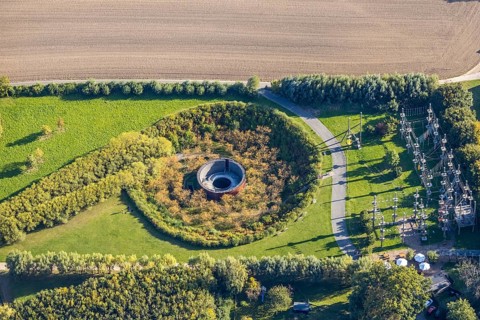 Aerial view, water crater of the Aqua Magica, fountain sculpture, Bad Oeynhausen,