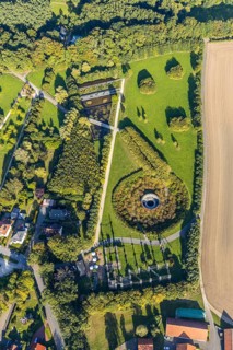 Aerial view, water crater of the Aqua Magica, fountain sculpture, Bad Oeynhausen,