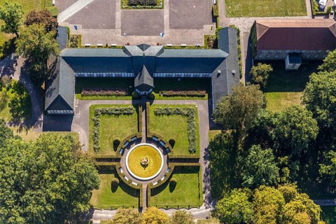 Aerial view, fountain arcades, fountain, Gräflicher Park Health & Balance Resort, Bad Driburg, East