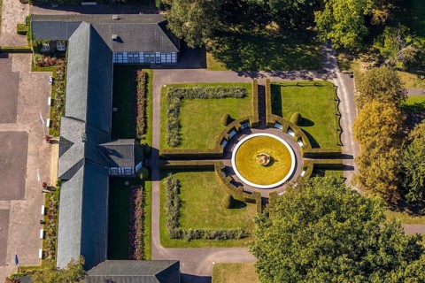 Aerial view, fountain arcades, fountain, Gräflicher Park Health & Balance Resort, Bad Driburg, East