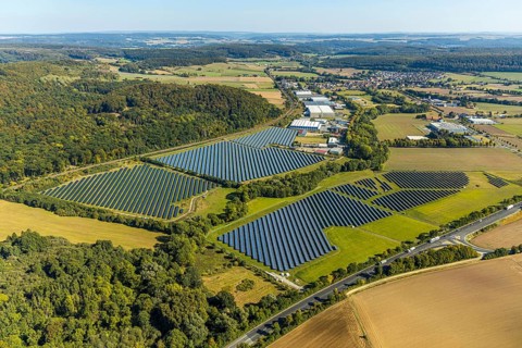 Aerial view, solar park, at the federal road B64, Herste, Bad Driburg, Ostwestfalen-Lippe, North