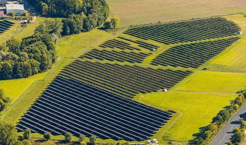 Aerial view, solar park, at the federal road B64, Herste, Bad Driburg, Ostwestfalen-Lippe, North