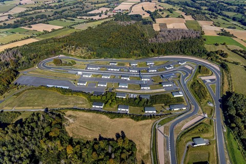Aerial view, Bilster Berg race track, paddock, racing cars, Pömbsen, Bad Driburg, East