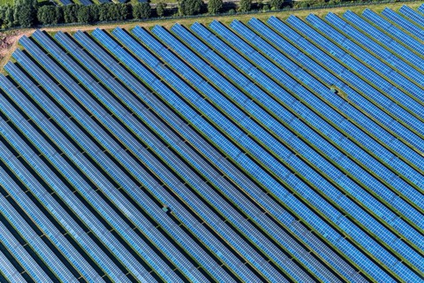 Aerial view, solar park, at the federal road B64, Herste, Bad Driburg, Ostwestfalen-Lippe, North