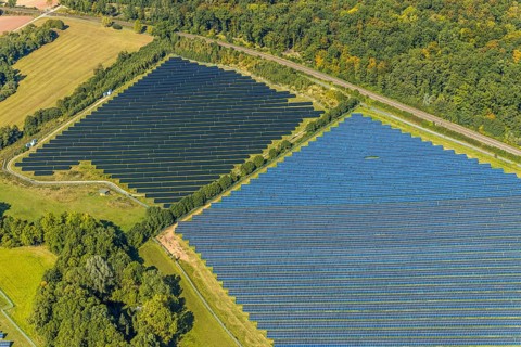 Aerial view, solar park, at the federal road B64, Herste, Bad Driburg, Ostwestfalen-Lippe, North