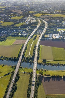 Aerial view, motorway A2, motorway bridges, river Weser, Weser bridge, Holtrup, Bad Oeynhausen,