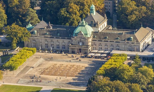 Aerial view, State Spa Bad Oeynhausen, GOP Varieté Theatre Kaiserpalais, water fountain field on