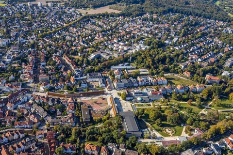 Aerial view, graduation works Bad Salzuflen, rose garden, spa gardens, concert hall in the spa
