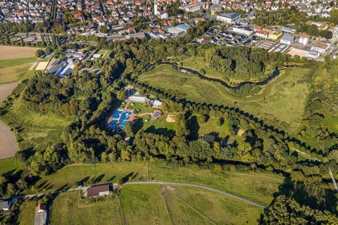 Aerial photo, Bega Bad, river Bega, Bad Salzuflen, Ostwestfalen-Lippe, North Rhine-Westphalia,