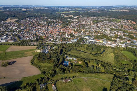Aerial view, Bega Bad, town view, river Bega, Bad Salzuflen, East Westphalia-Lippe, North