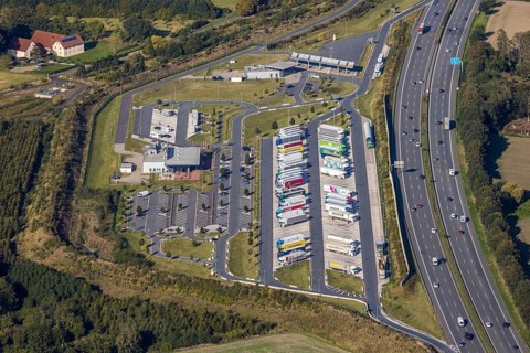 Aerial view, motorway service area Lipperland Nord, Lockhausen, Bad Salzuflen, Ostwestfalen-Lippe,