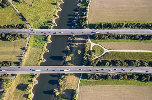 Aerial view, motorway A2, motorway bridges, river Weser, Weser bridge, Holtrup, Bad Oeynhausen,