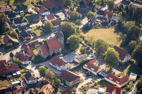Aerial view, Church of St. Pantaleon Lohne, Lohne, Bad Sassendorf, District of Soest, North