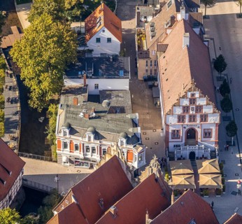 Aerial view, historic town hall, registry office, Am Markt, Bad Salzuflen, Ostwestfalen-Lippe,
