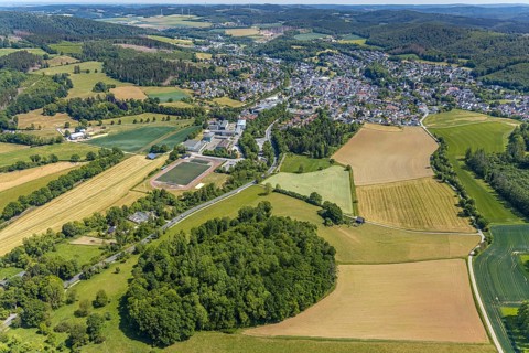 Aerial view, local view, sports field SG Balve/Garbeck 23/21, triple gymnasium Balve, secondary