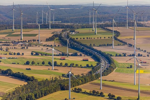 Aerial view, wind turbines, motorway A44, motorway service area Sintfeld, Wewelsburg, Büren,