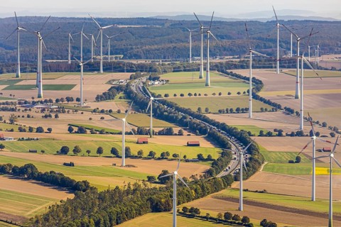 Aerial view, wind turbines, motorway A44, motorway service area Sintfeld, Wewelsburg, Büren,