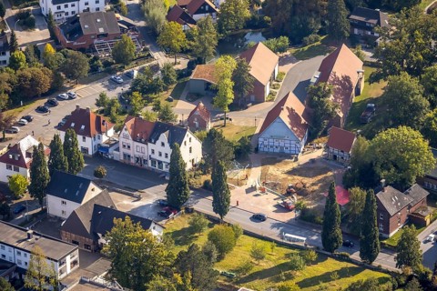 Aerial photograph, Westphalian Salt Worlds Museum, culture barn on Haulle farm, construction site,