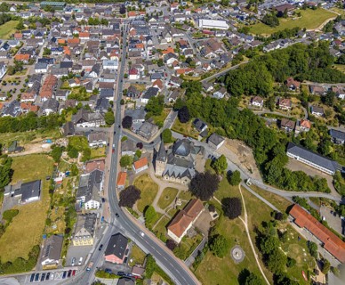 Aerial view, aerial view Balve, Church of St. Blasius, Balve, Sauerland, North Rhine-Westphalia,