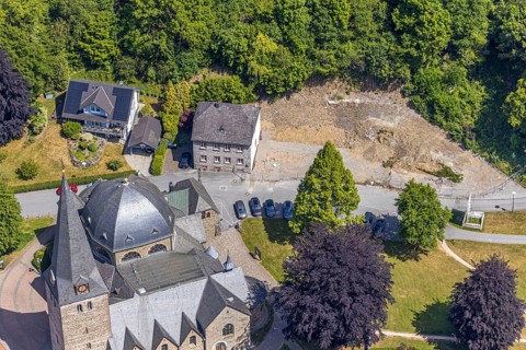 Aerial view, St. Blasius Church, location of former parish hall, Balve, Sauerland, North
