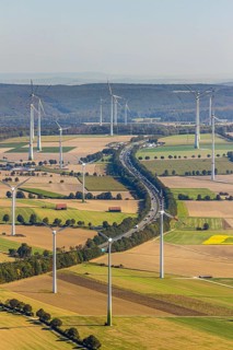 Aerial view, wind turbines, motorway A44, motorway service area Sintfeld, Wewelsburg, Büren,