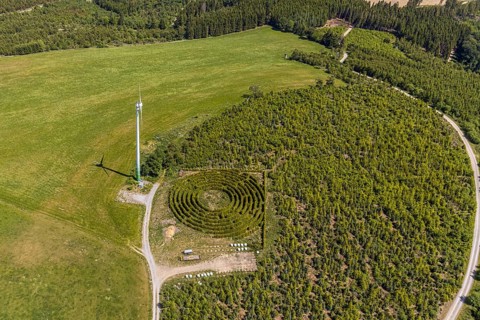 Aerial view, windmill, labyrinth, Schultenhof, Balve, Sauerland, North Rhine-Westphalia, Germany,