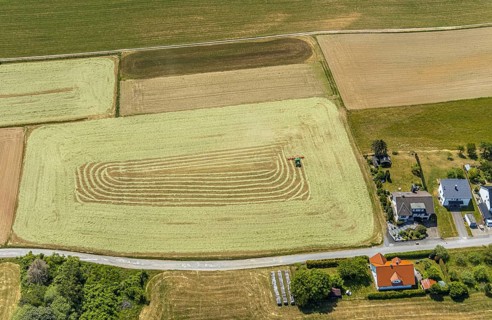 Aerial view, agricultural fields, hay harvest, tractor mowing meadow, Liboriweg, Balve, Sauerland,