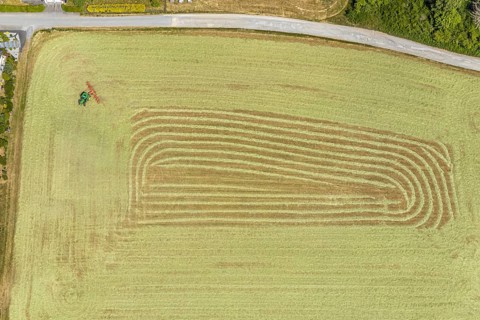 Aerial view, agricultural fields, hay harvest, tractor mowing meadow, Liboriweg, Balve, Sauerland,
