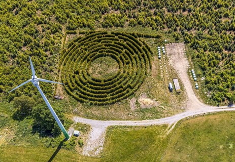 Aerial view, windmill, labyrinth, Schultenhof, Balve, Sauerland, North Rhine-Westphalia, Germany,