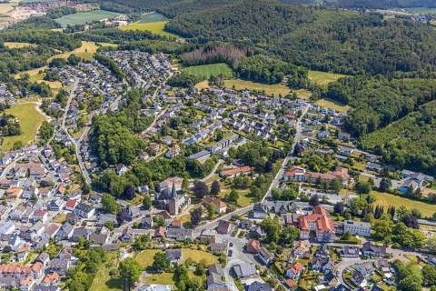 Aerial view, aerial view Blave, Church of St. Blasius, Balve, Sauerland, North Rhine-Westphalia,