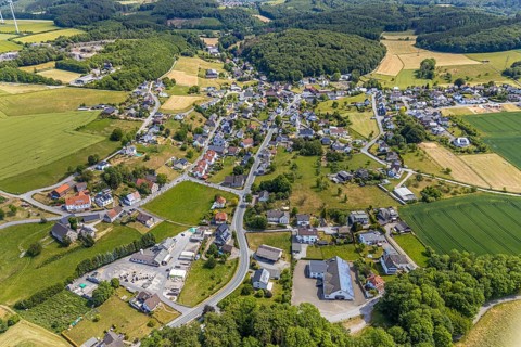 Aerial view, local view district Beckum, catholic church St. Nikolaus, Balve, Sauerland, North