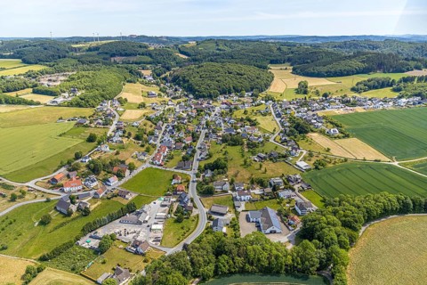 Aerial view, local view district Beckum, catholic church St. Nikolaus, Balve, Sauerland, North
