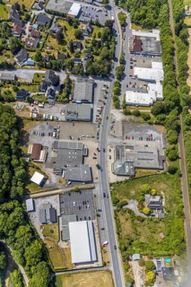 Aerial view, retail mile, shopping street Hönnetalstraße, Bundesstraße 229, Balve, Sauerland, North