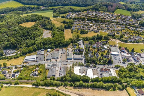 Aerial view, retail mile, shopping street Hönnetalstraße, Bundesstraße 229, Balve, Sauerland, North