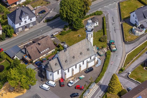 Aerial view, St. Nicholas Catholic Church, Beckum, Balve, Sauerland, North Rhine-Westphalia,