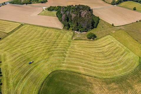 Aerial view, agricultural fields, tractor mowing meadow, Langenholthausen, Balve, Sauerland, North